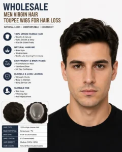 Wholesale Men Virgin Hair Toupee Wigs for Hair Loss Front View - 100% Virgin Human Hair Toupee with Natural Hairline and Realistic Look