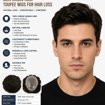 wholesale-men-virgin-hair-toupee-wigs-front.jpg Wholesale Men Virgin Hair Toupee Wigs for Hair Loss Front View - 100% Virgin Human Hair Toupee with Natural Hairline and Realistic Look