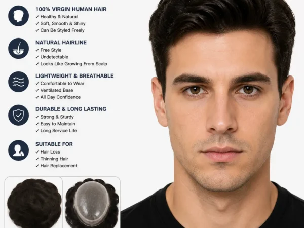wholesale-men-virgin-hair-toupee-wigs-front.jpg Wholesale Men Virgin Hair Toupee Wigs for Hair Loss Front View - 100% Virgin Human Hair Toupee with Natural Hairline and Realistic Look