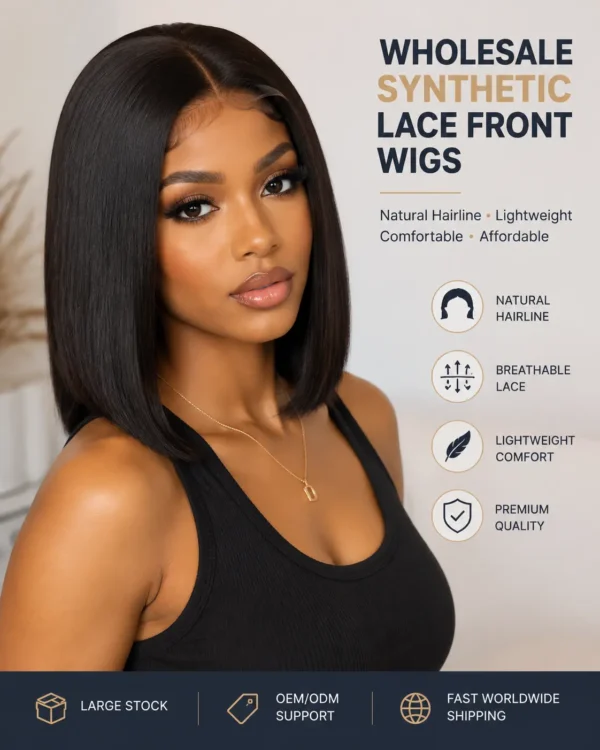 wholesale-synthetic-lace-front-wigs-model-wear Wholesale synthetic lace front wigs with natural hairline for salons and beauty retailers