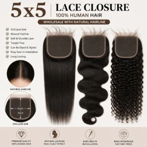 5x5 human hair lace closure with natural-looking hairline for wholesale buyers