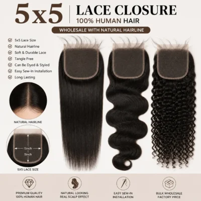 5x5 human hair lace closure with natural-looking hairline for wholesale buyers