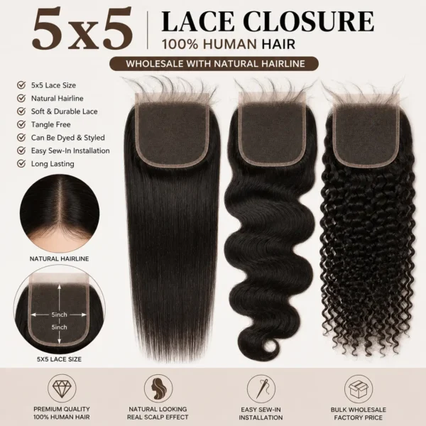 5x5 human hair lace closure with natural-looking hairline for wholesale buyers