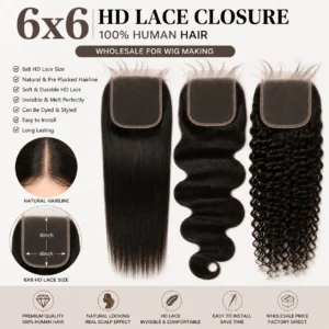 6x6 HD lace closure for wholesale wig making with natural scalp appearance