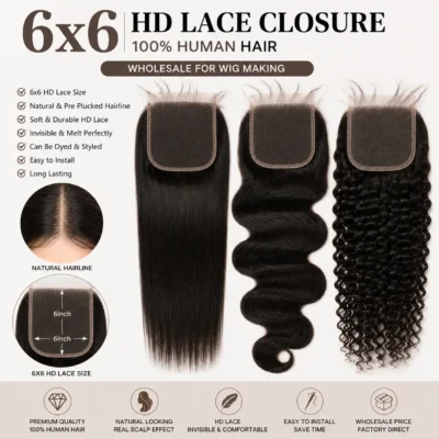 6x6 HD lace closure for wholesale wig making with natural scalp appearance