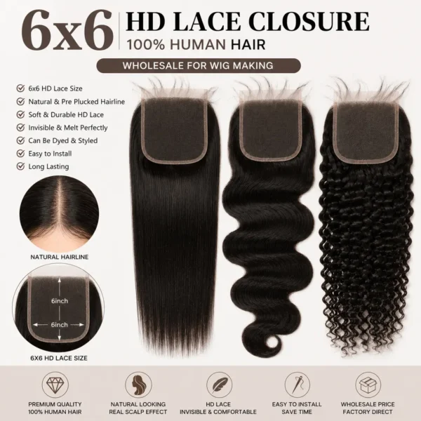 6x6 HD lace closure for wholesale wig making with natural scalp appearance