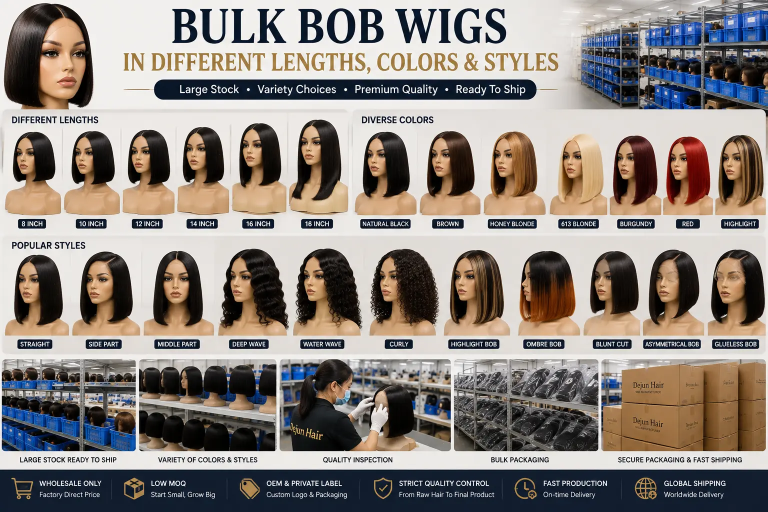 Bulk Bob wigs in different lengths colors and styles for wholesale buyers