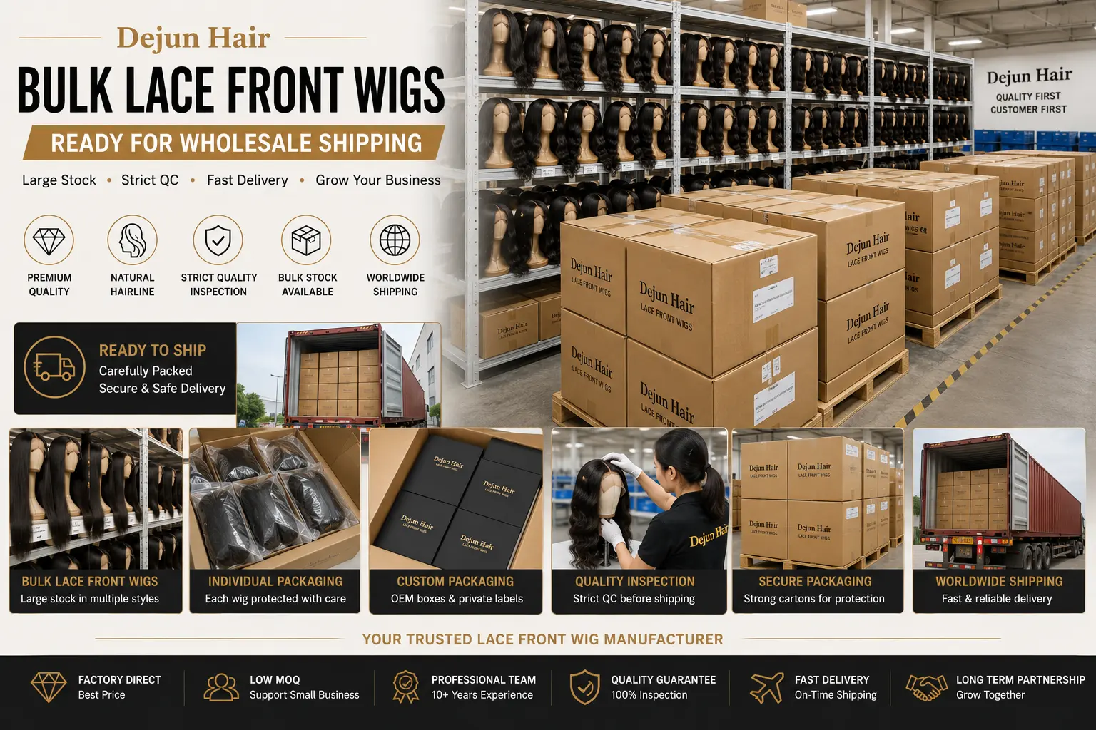 Bulk lace front wigs ready for wholesale shipping from Dejun Hair wig factory