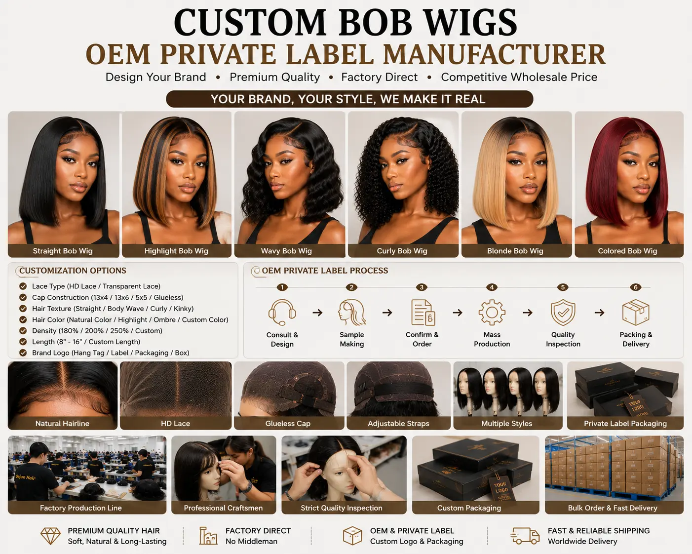 Custom Bob wigs OEM private label manufacturer with branded packaging service