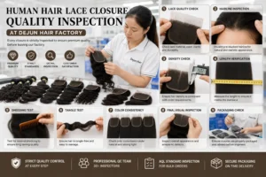 Dejun Hair factory quality inspection of human hair lace closures before shipment
