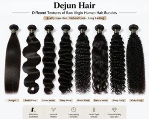 Different textures of raw virgin human hair bundles including straight, body wave and curly styles