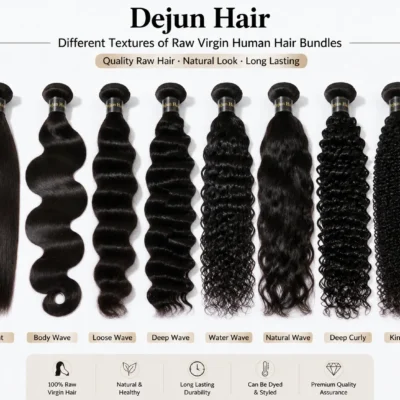 Different textures of raw virgin human hair bundles including straight, body wave and curly styles
