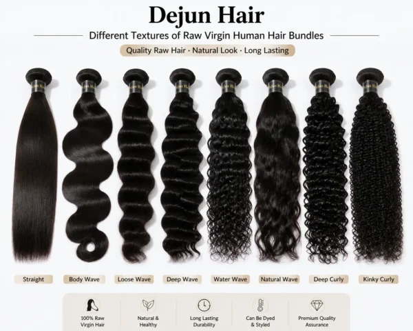 Different textures of raw virgin human hair bundles including straight, body wave and curly styles