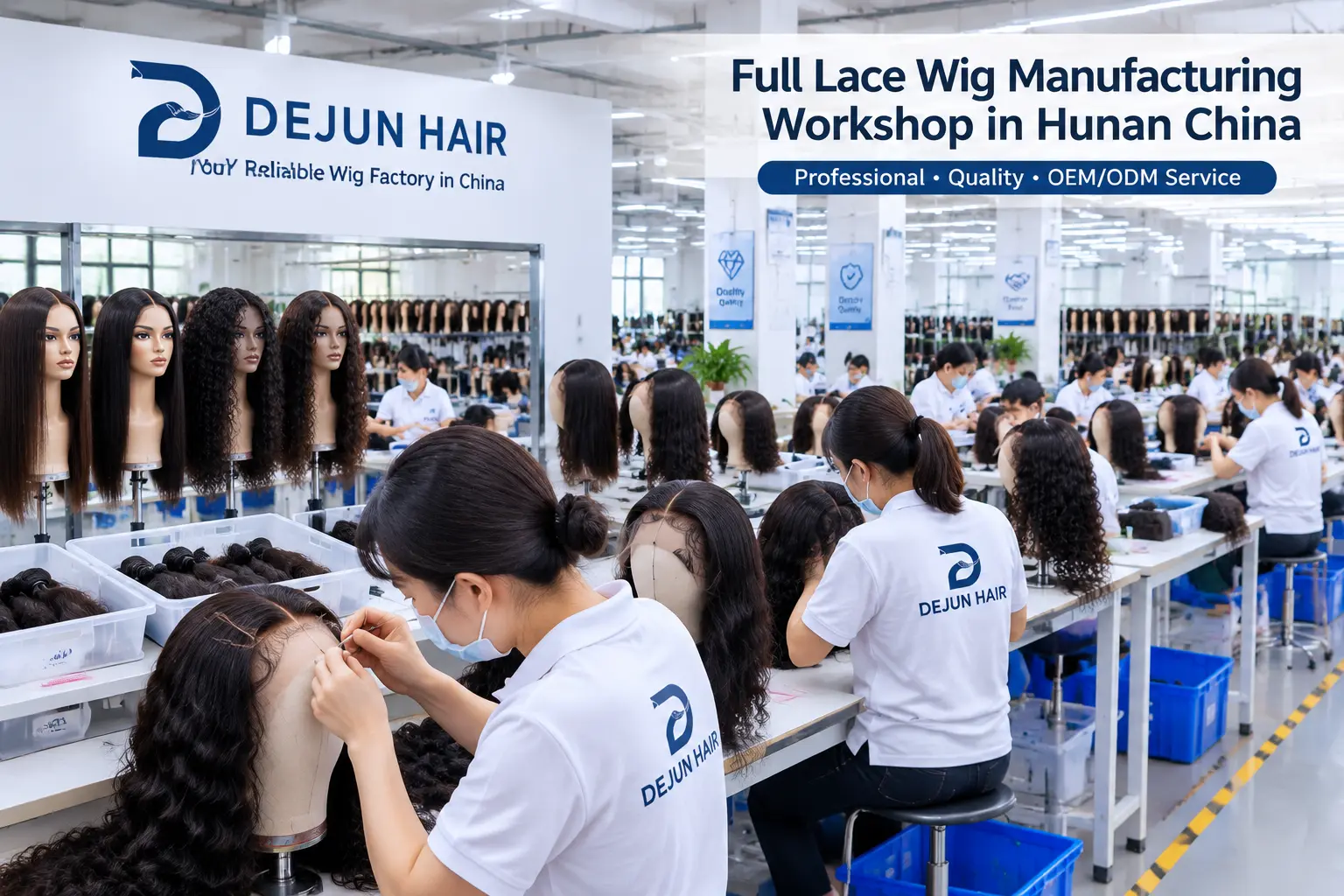 Full lace wig manufacturing workshop in Hunan China with professional OEM production and quality control