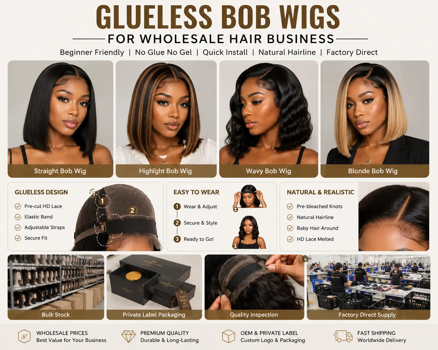 Glueless Bob wigs for wholesale hair businesses, beauty stores and online retailers