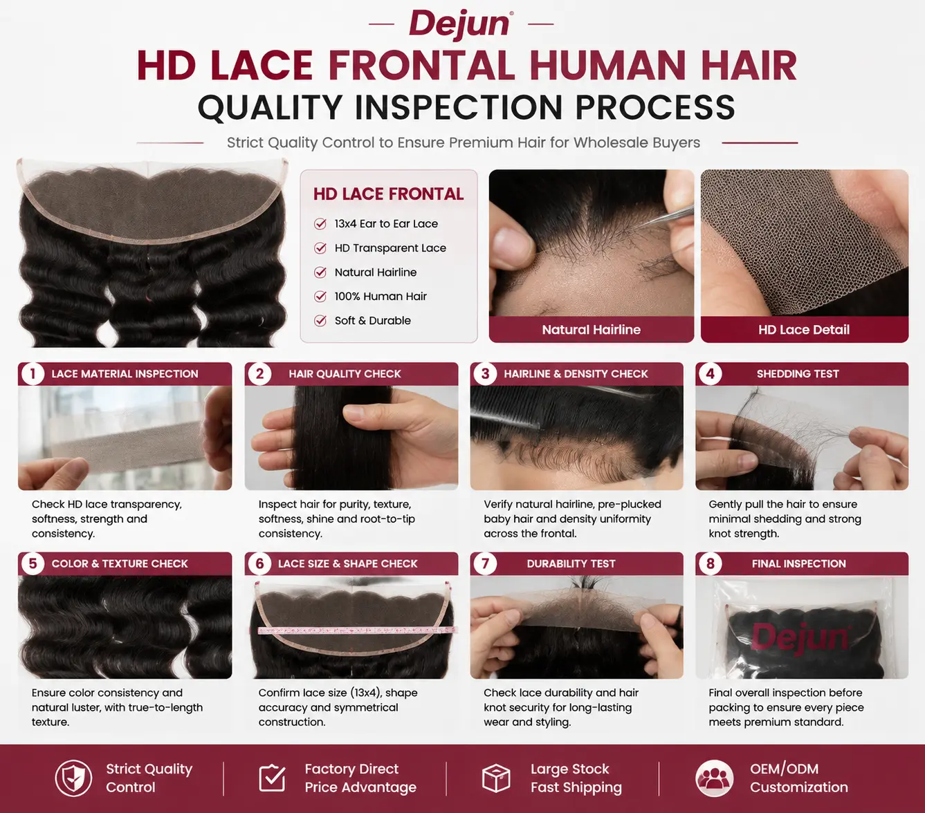 HD lace frontal human hair quality inspection process with lace, hairline and density checking