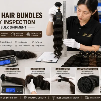 Human hair bundles quality inspection before bulk shipment at Dejun Hair factory