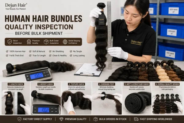 Human hair bundles quality inspection before bulk shipment at Dejun Hair factory