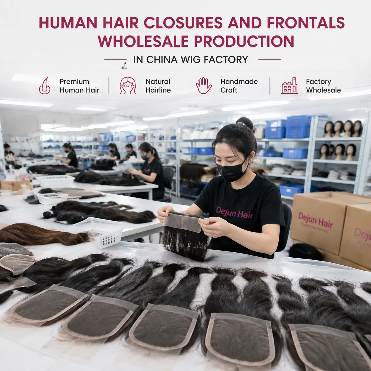 Human hair closures and frontals wholesale production in China wig factory for global hair suppliers