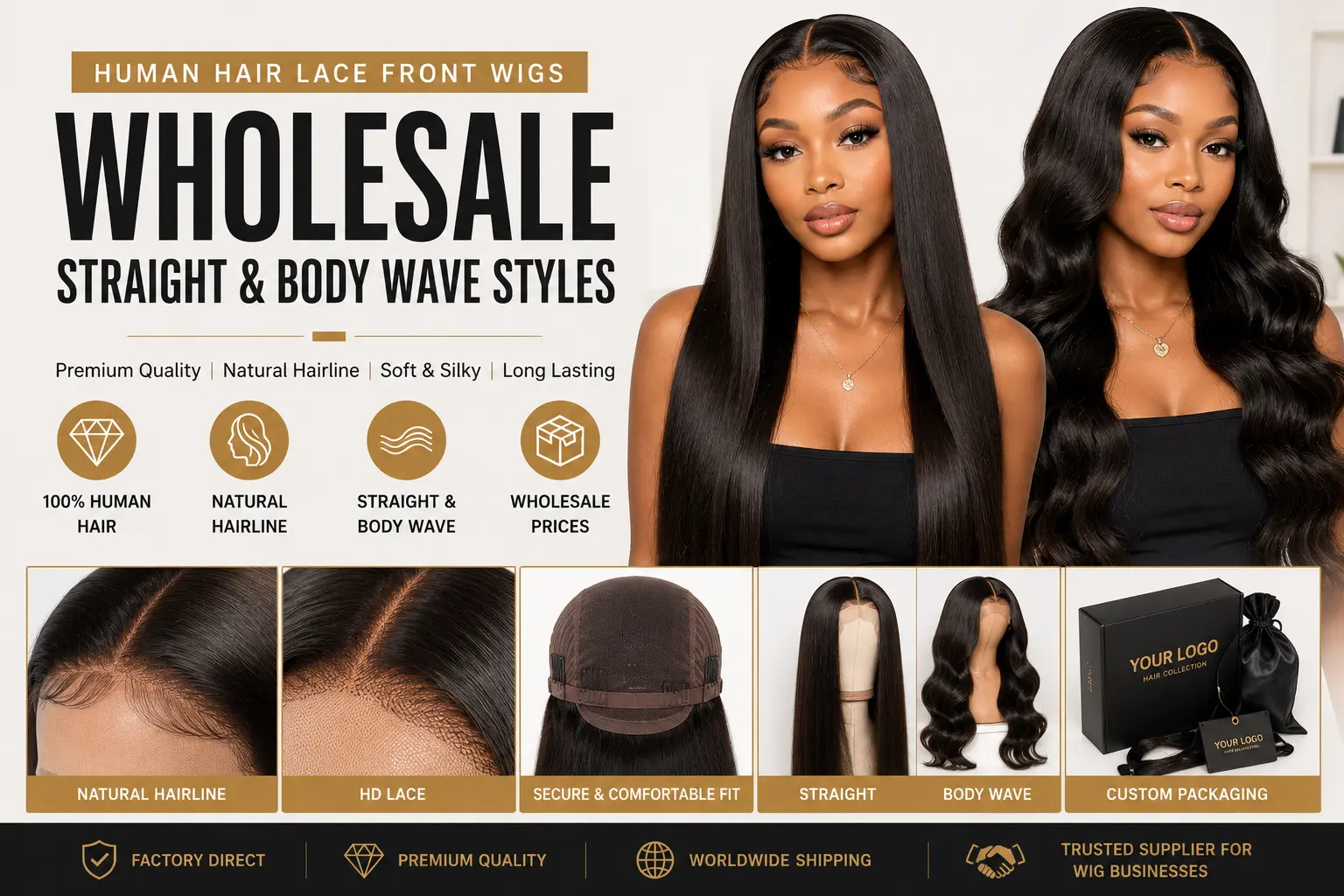 Human hair lace front wigs wholesale in straight and body wave styles