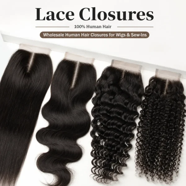 Wholesale human hair lace closures for wigs and sew-in hair extensions