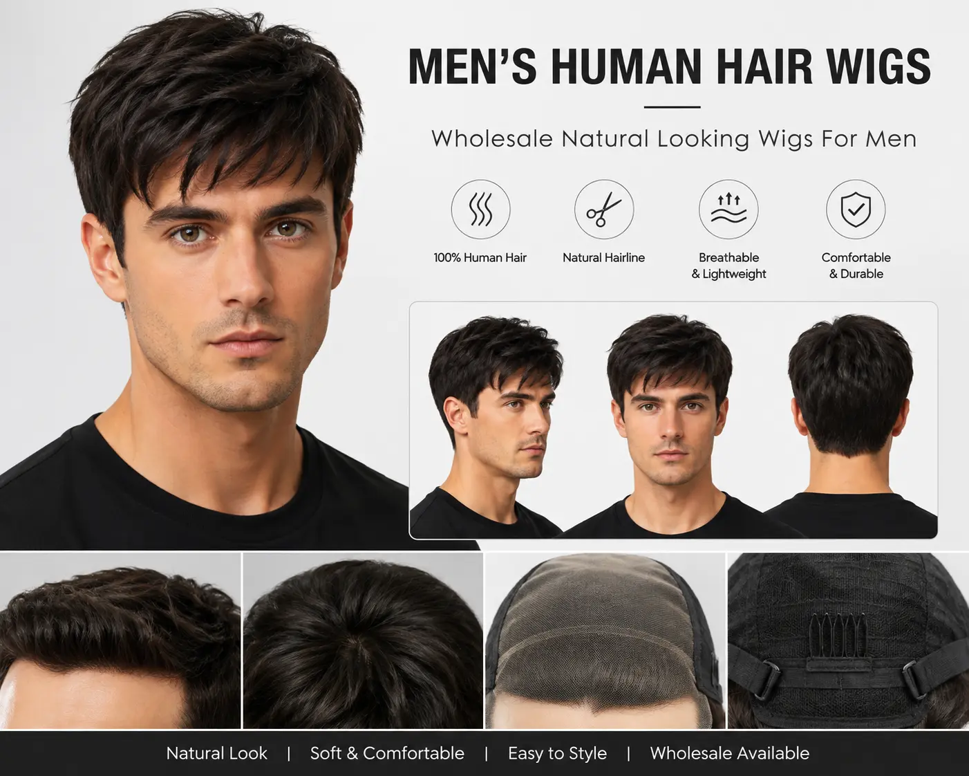 Men’s human hair wigs wholesale with natural-looking styles for salons and wig retailers