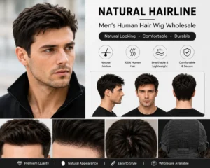 Natural hairline men’s human hair wig wholesale with realistic front hairline detail