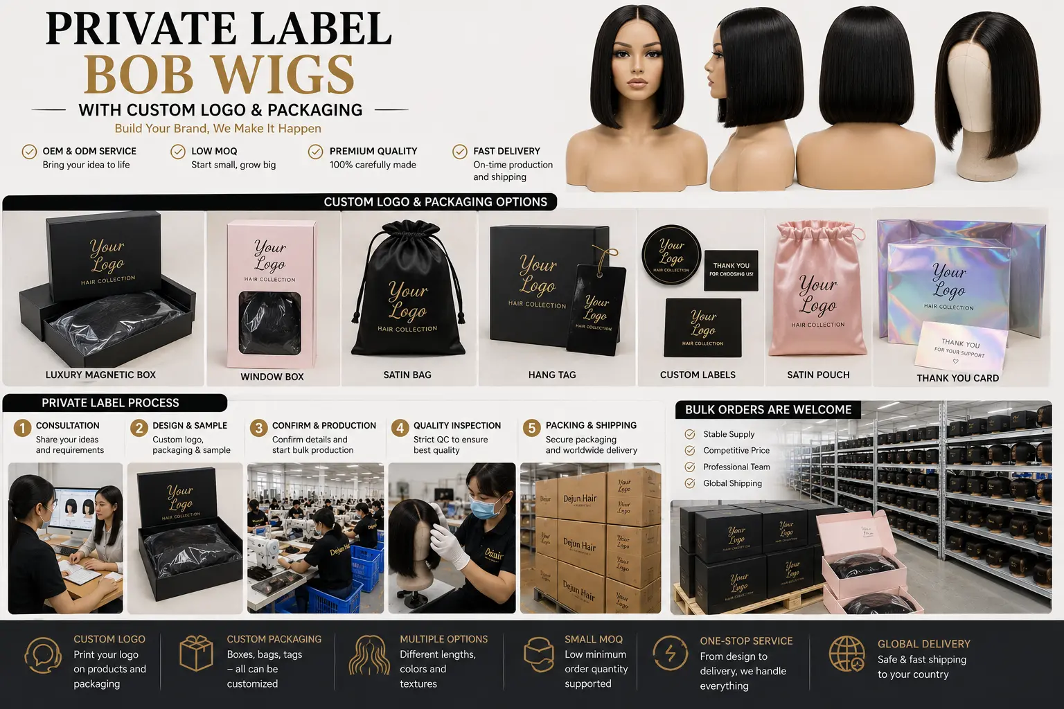 Private label Bob wigs with custom logo and packaging for hair brands