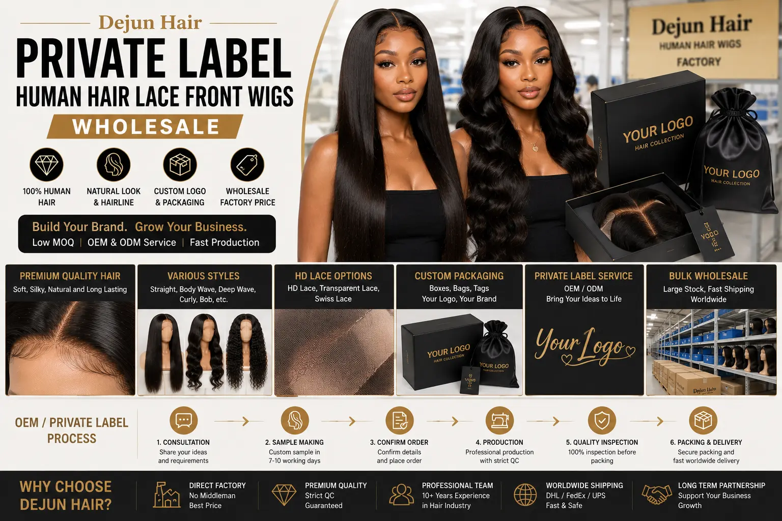 Private label human hair lace front wigs wholesale with custom logo and packaging