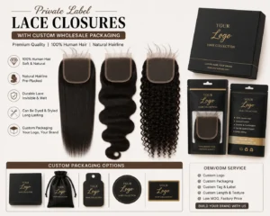 Private label lace closures with custom logo packaging for wholesale hair brands