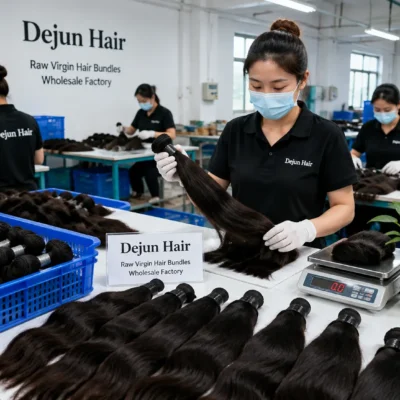 Raw virgin human hair bundles wholesale factory production process at Dejun