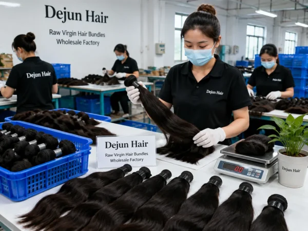 Raw virgin human hair bundles wholesale factory production process at Dejun
