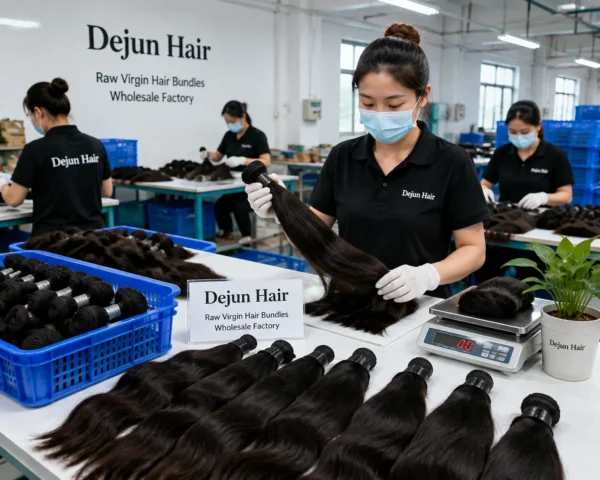 Raw virgin human hair bundles wholesale factory production process at Dejun