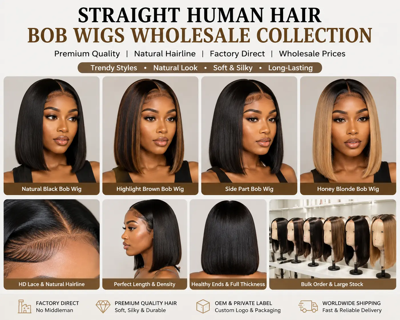 Straight human hair Bob wigs wholesale collection for salons and hair vendors
