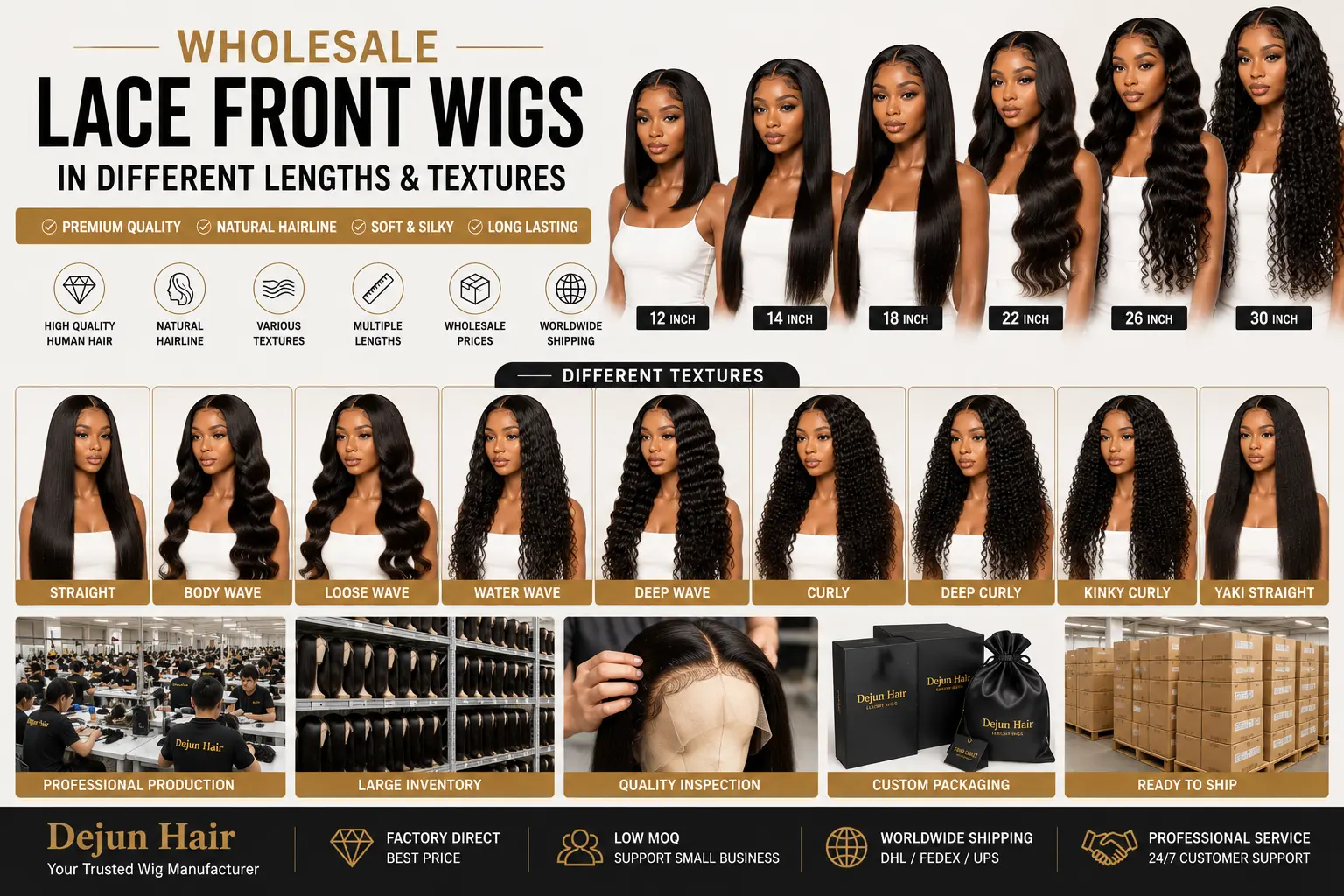 Wholesale lace front wigs in different lengths and straight, wave and curly textures