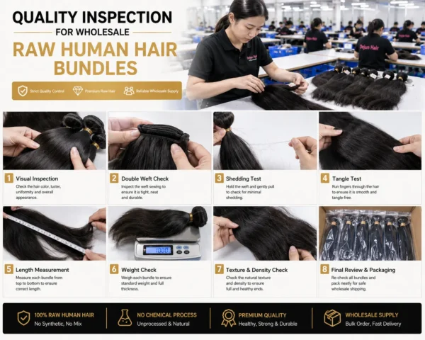Quality inspection for wholesale raw human hair bundles before bulk shipping