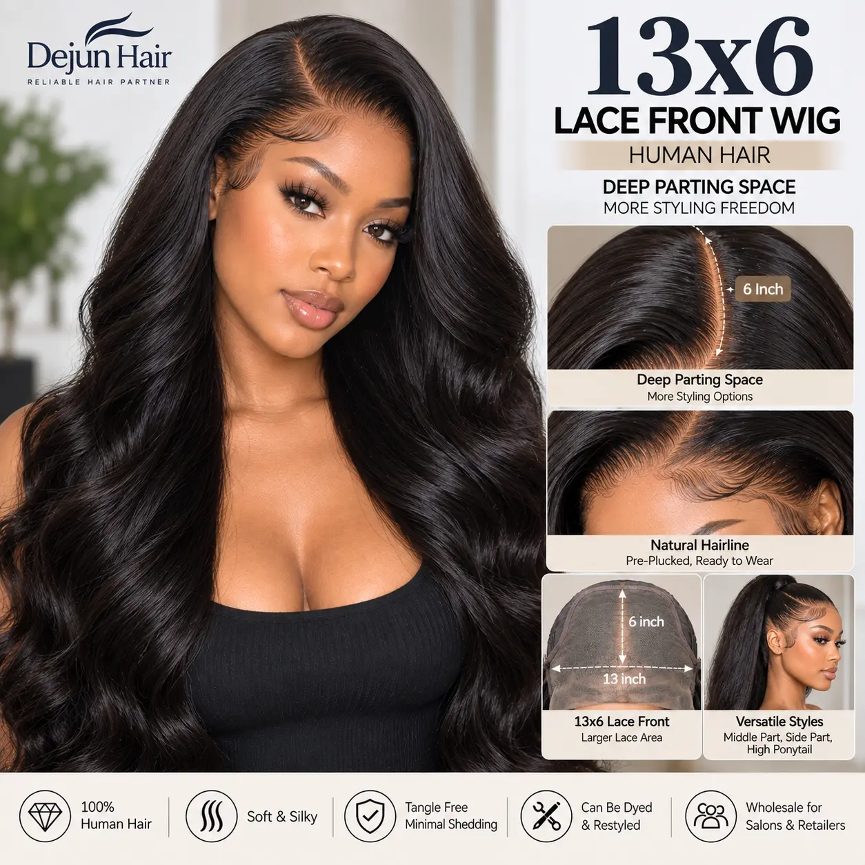 13x6 human hair lace front wig with deep parting space and natural hairline