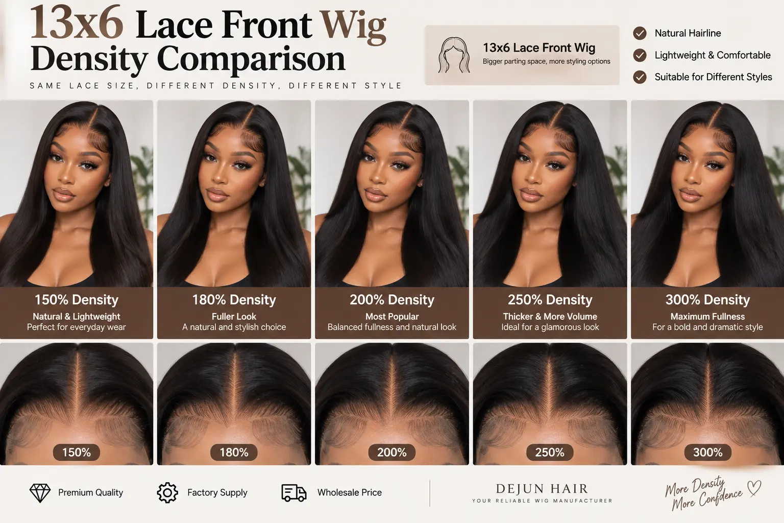 13x6 lace front wig density comparison for different hair fullness and styling needs