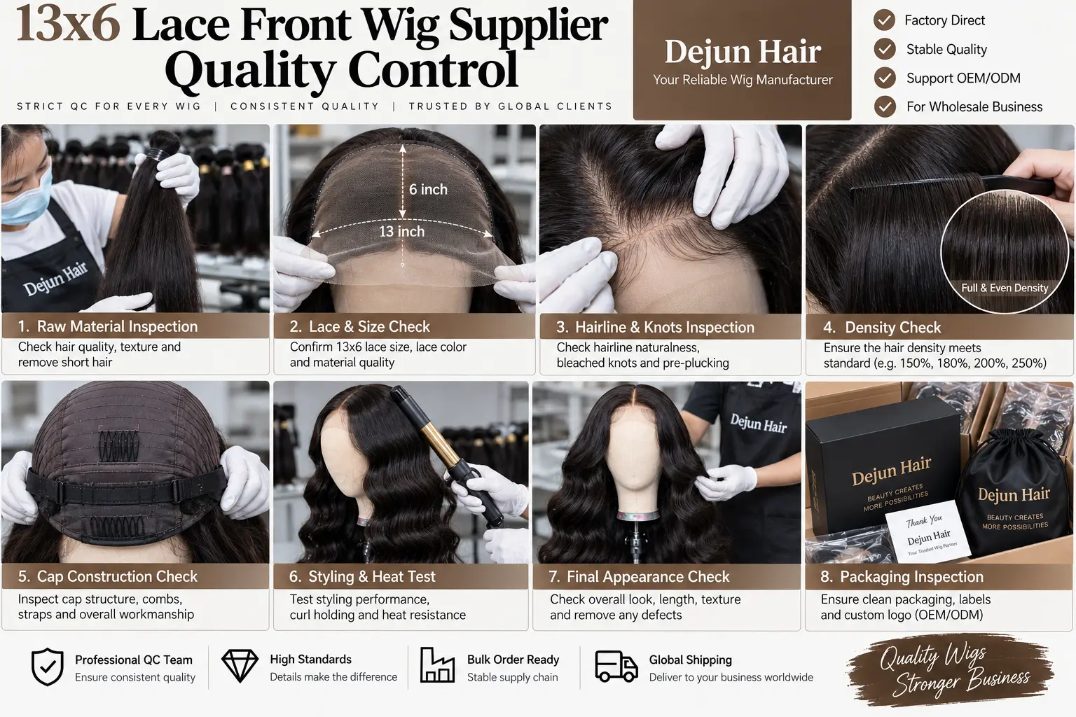 13x6 lace front wig supplier quality control including lace hairline density and cap inspection