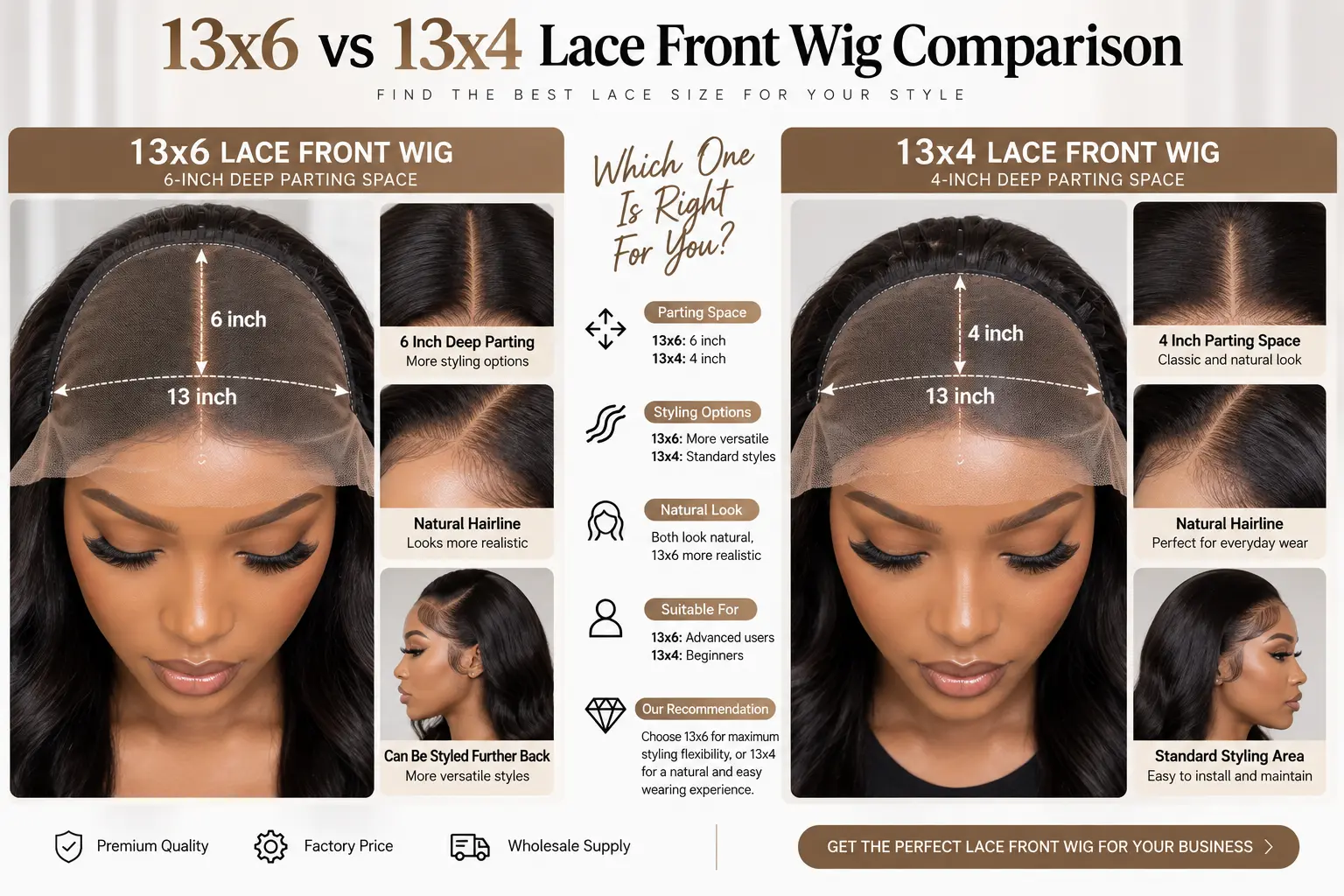13x6 vs 13x4 lace front wig comparison showing different lace sizes and parting space