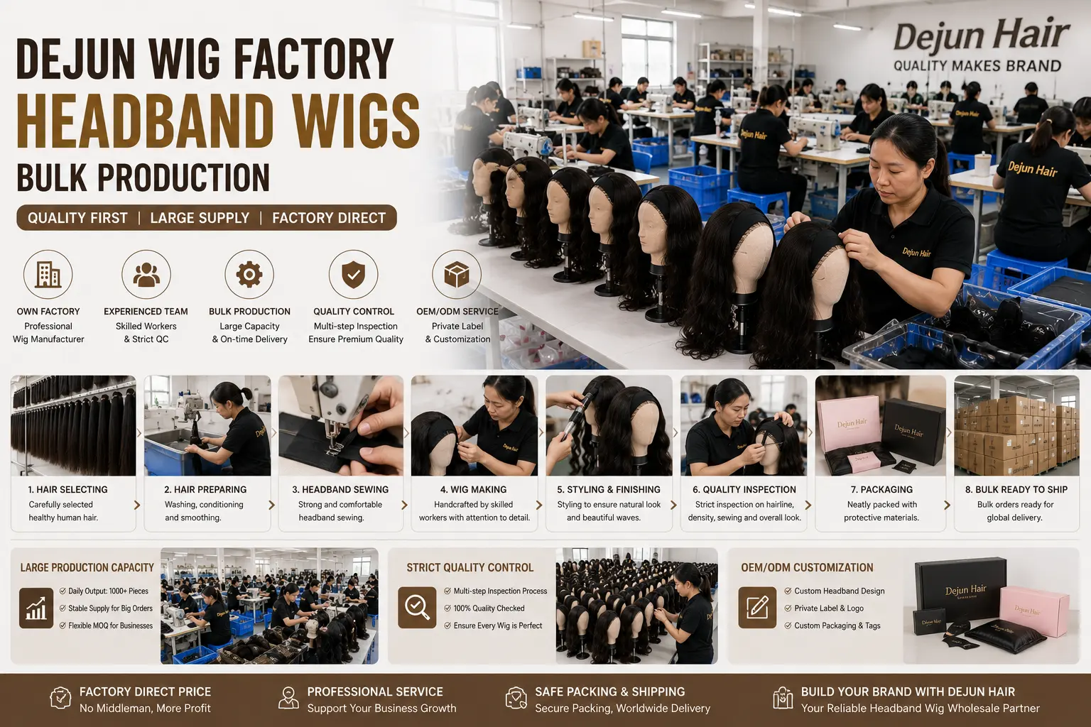 Dejun Hair wig factory producing headband wigs in bulk for wholesale buyers
