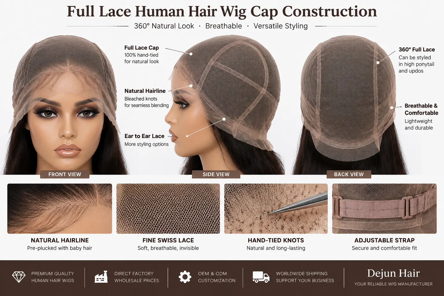 Full lace human hair wig cap construction with breathable lace and natural hairline