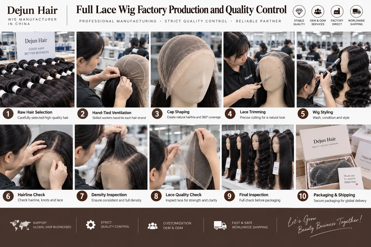 Full lace wig factory production and quality control at Dejun Hair manufacturer in China