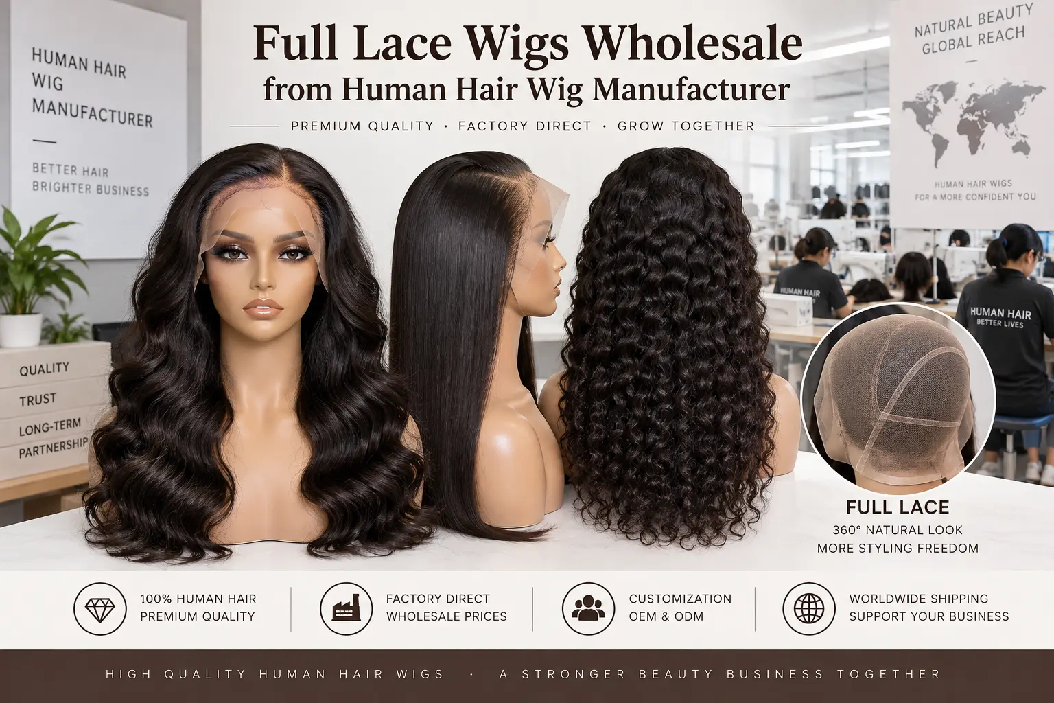 Full lace wigs wholesale from human hair wig manufacturer for salons and hair businesses