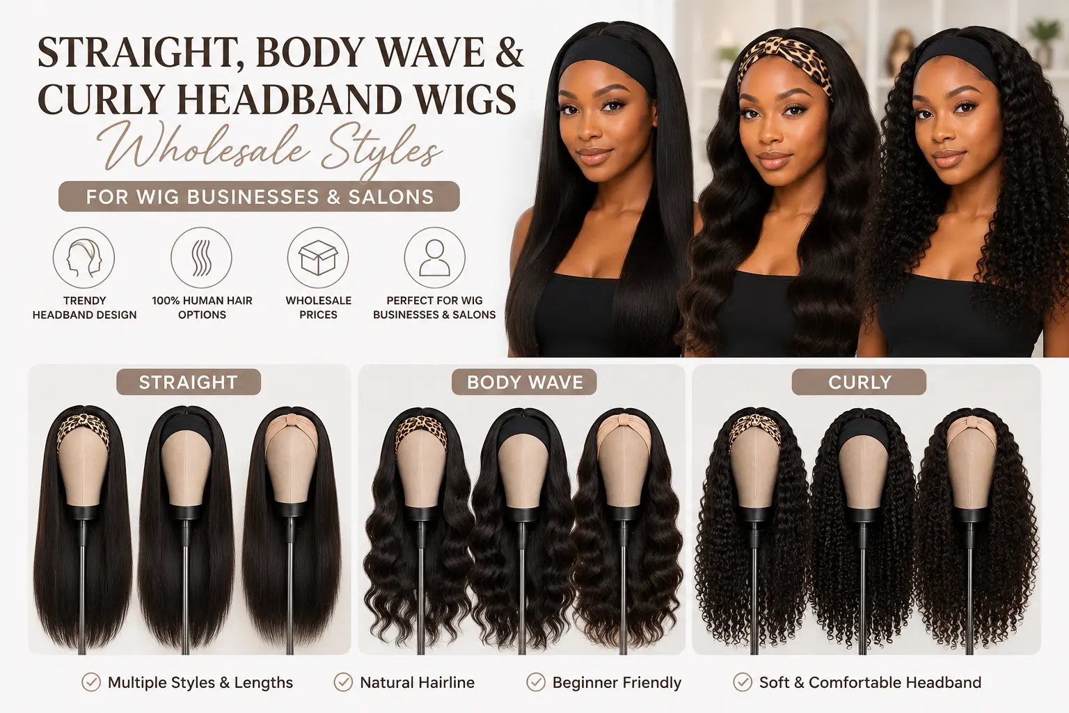 Straight body wave and curly headband wigs wholesale styles for salons and retailers