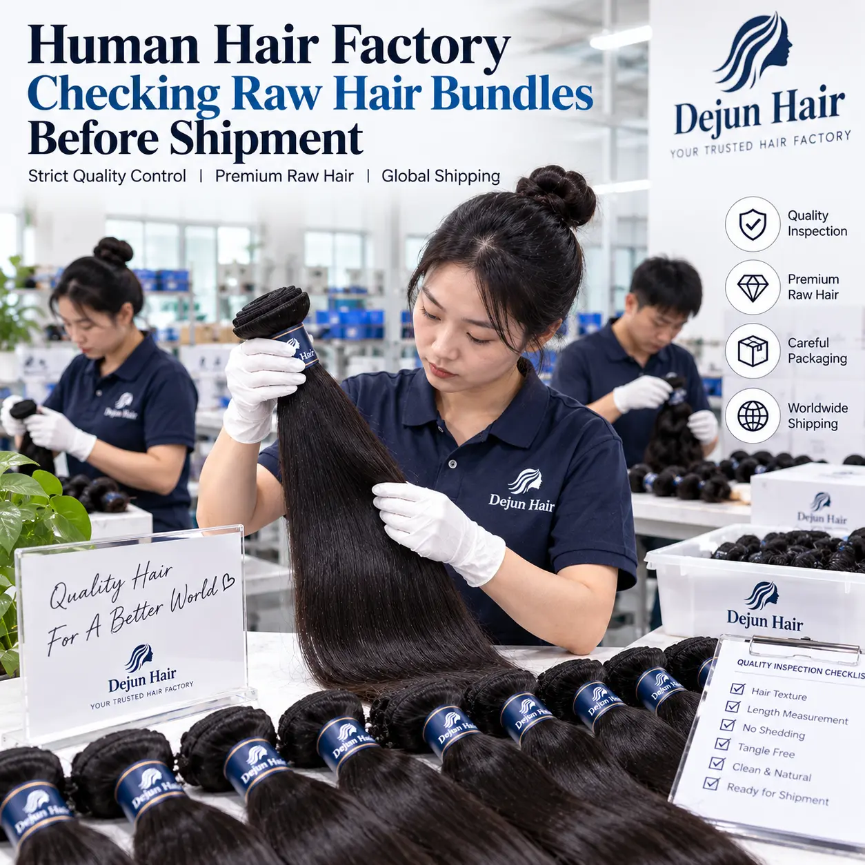 Human hair factory checking raw hair bundles before shipment