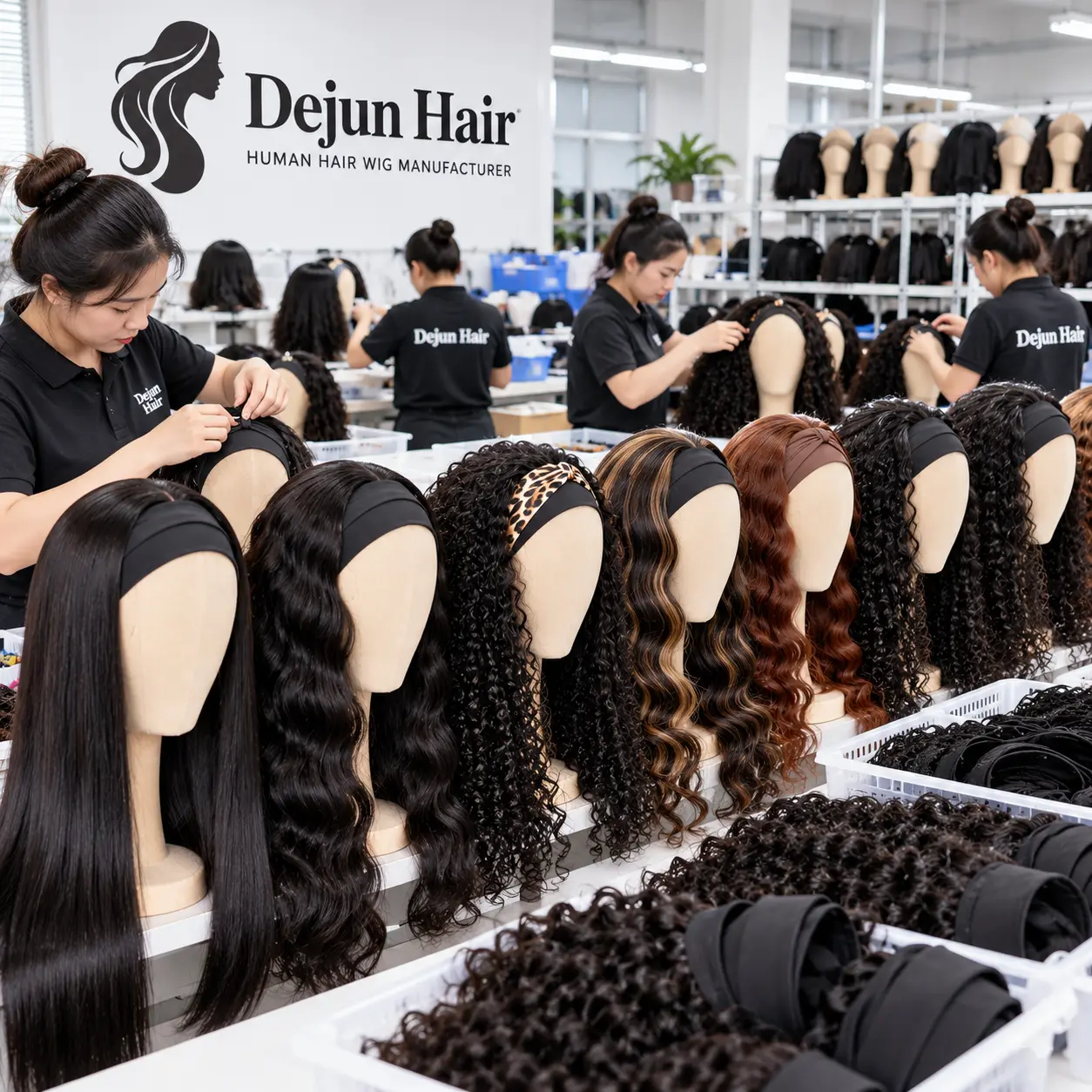 Human hair headband wigs wholesale factory display with multiple styles and textures