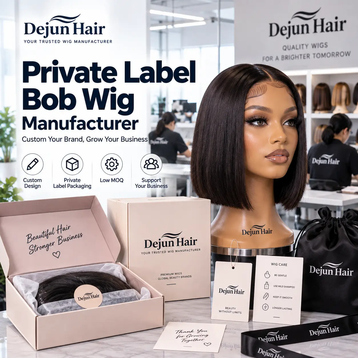 Private label bob wig manufacturer offering custom packaging and low MOQ