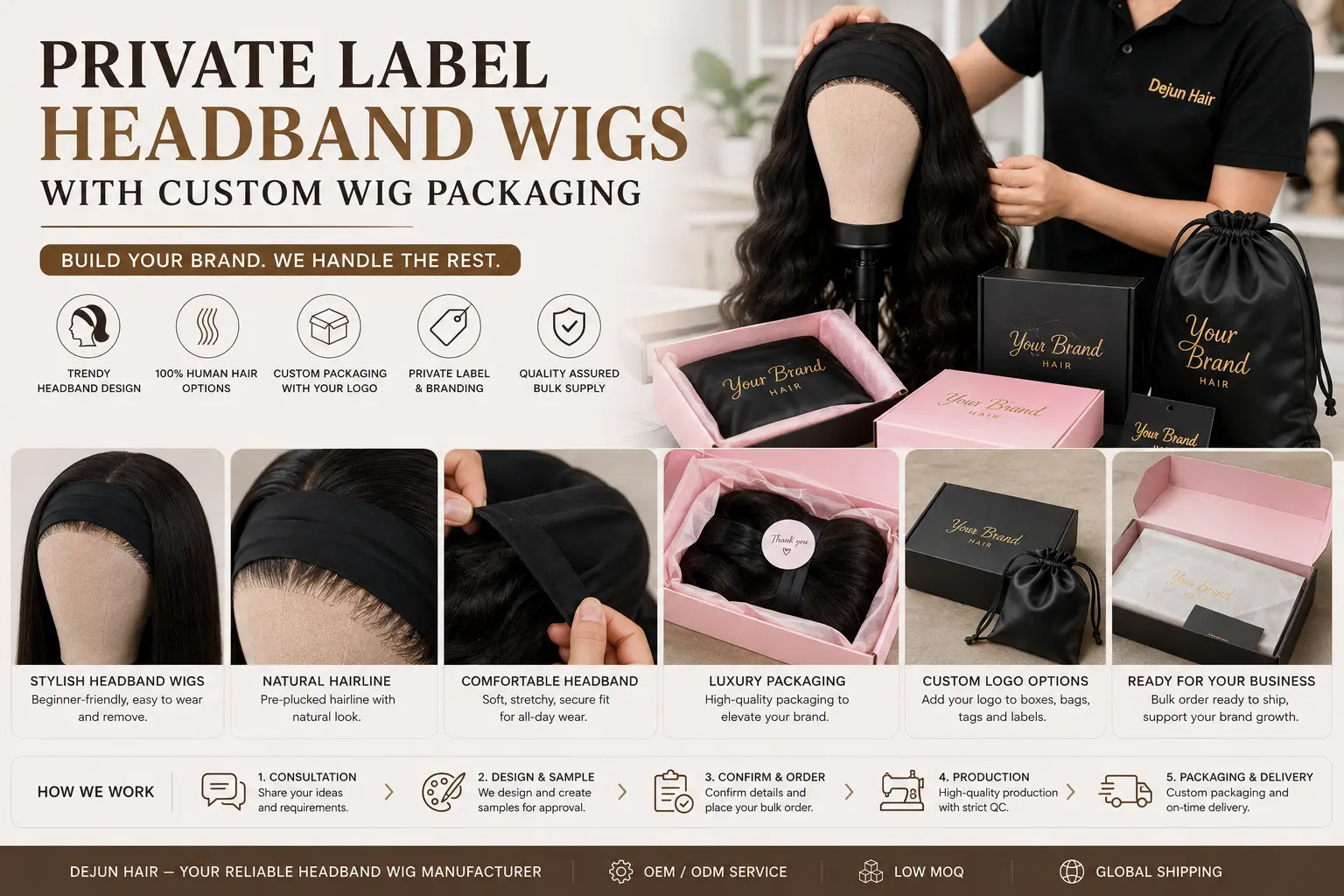 Private label headband wigs with custom wig packaging for wholesale businesses