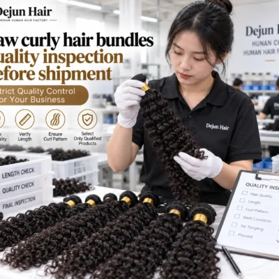 Raw curly hair bundles quality inspection at Dejun Hair factory before wholesale shipment